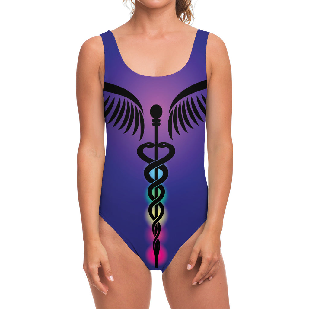 7 Chakras Caduceus Print One Piece Swimsuit