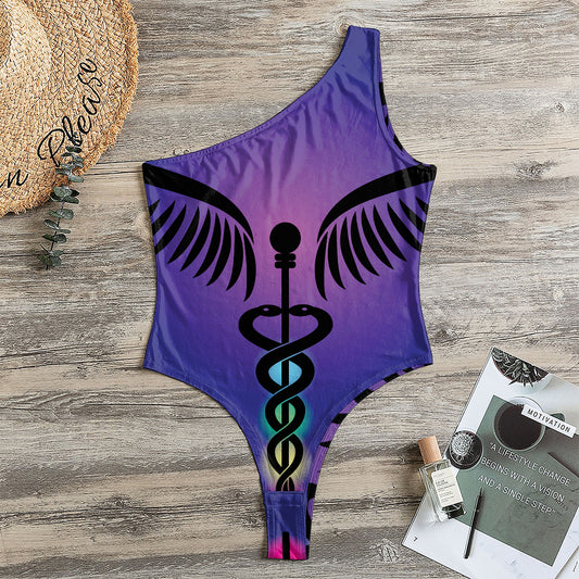 7 Chakras Caduceus Print One Shoulder Bodysuit