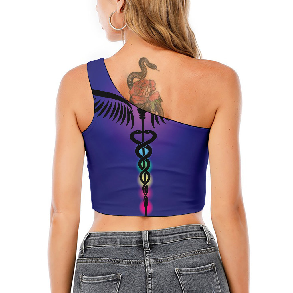 7 Chakras Caduceus Print One Shoulder Crop Top