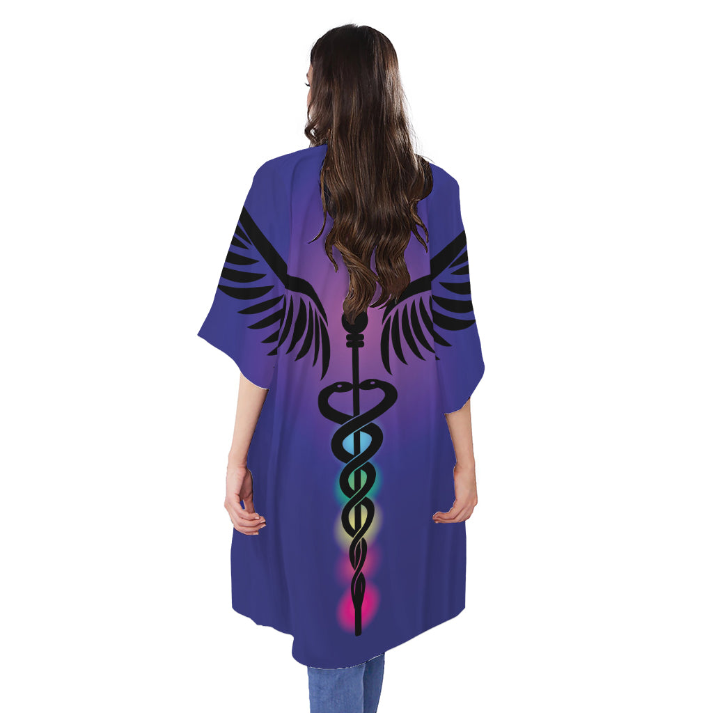 7 Chakras Caduceus Print Open Front Beach Cover Up
