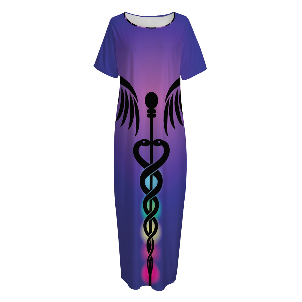 7 Chakras Caduceus Print Short Sleeve Long Nightdress