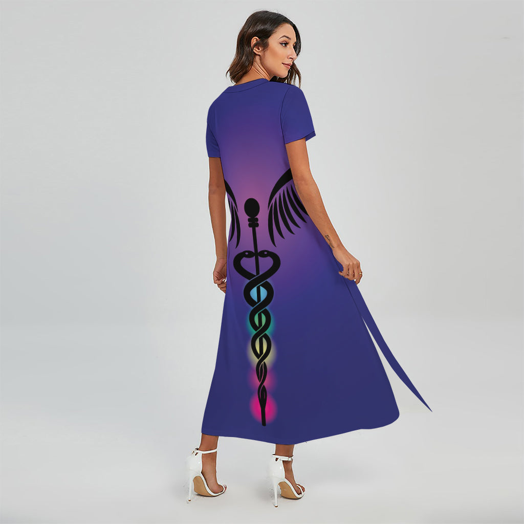 7 Chakras Caduceus Print Short Sleeve Maxi Dress