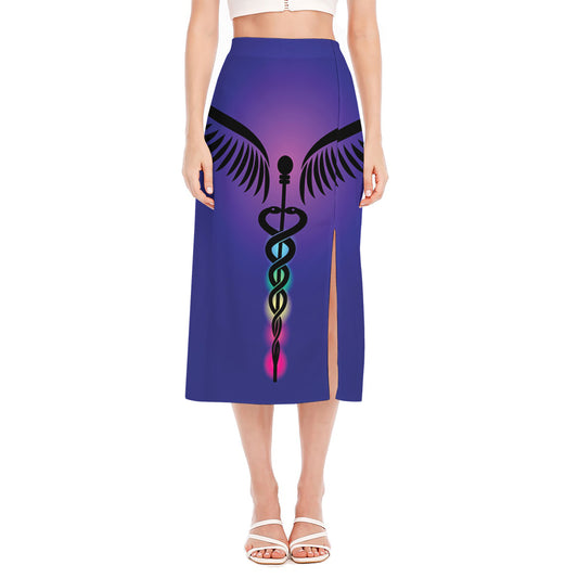 7 Chakras Caduceus Print Side Slit Midi Skirt
