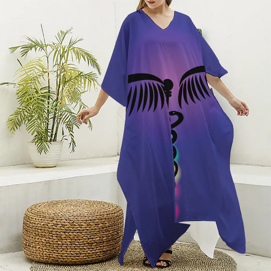 7 Chakras Caduceus Print Silk V-Neck Kaftan Dress