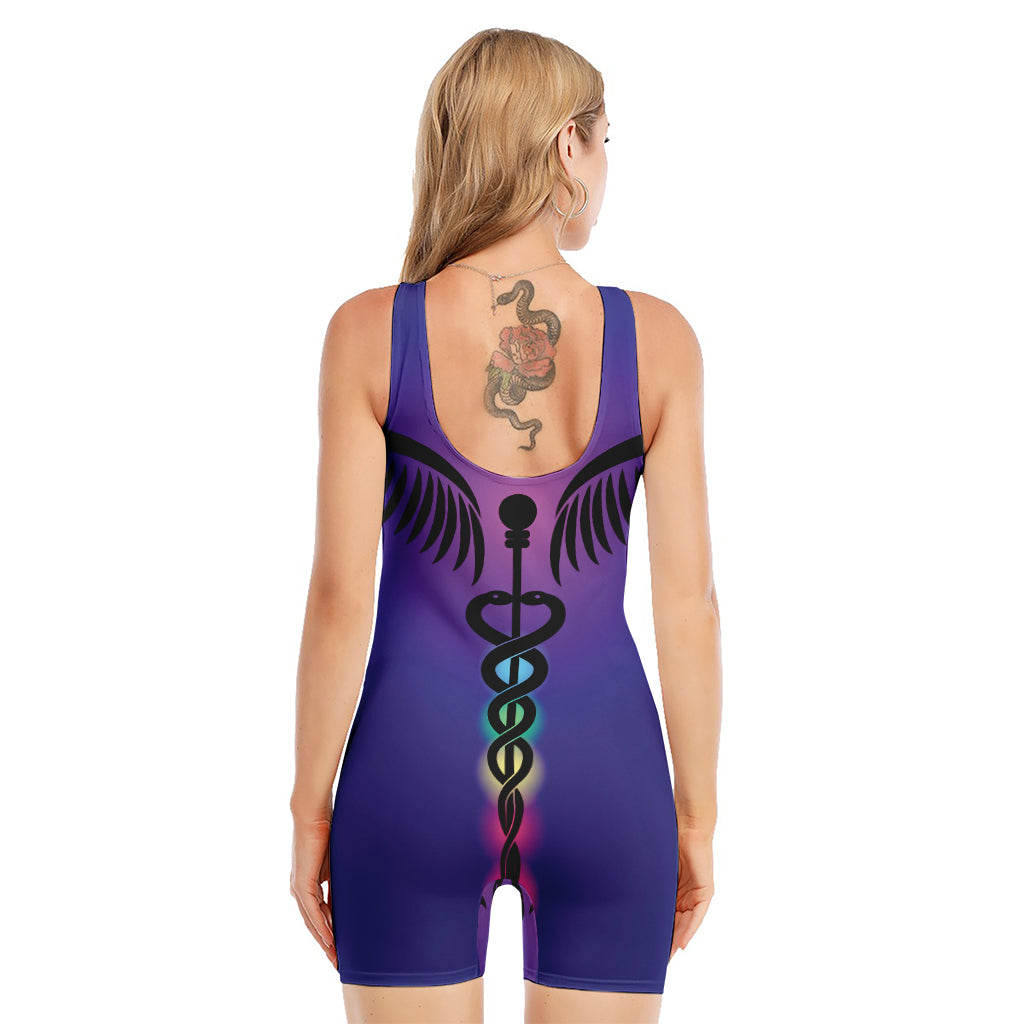 7 Chakras Caduceus Print Sleeveless One Piece Swimsuit