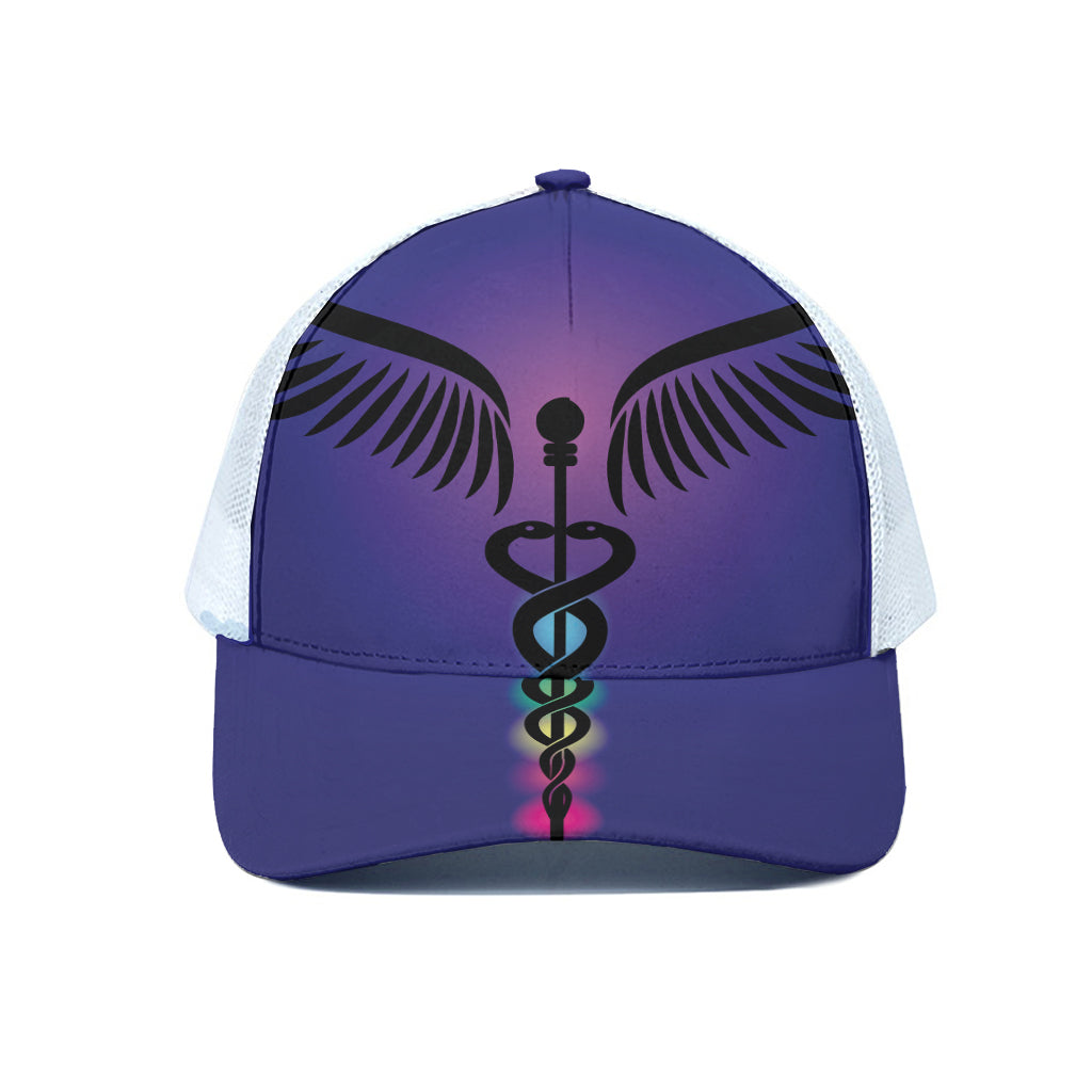 7 Chakras Caduceus Print White Mesh Trucker Cap