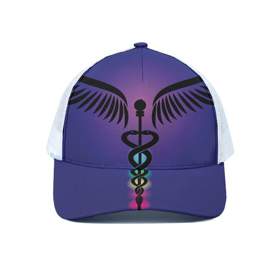 7 Chakras Caduceus Print White Mesh Trucker Cap