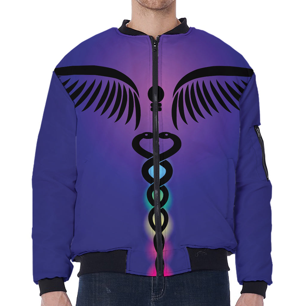 7 Chakras Caduceus Print Zip Sleeve Bomber Jacket