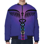 7 Chakras Caduceus Print Zip Sleeve Bomber Jacket