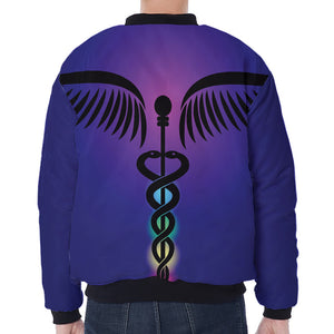 7 Chakras Caduceus Print Zip Sleeve Bomber Jacket