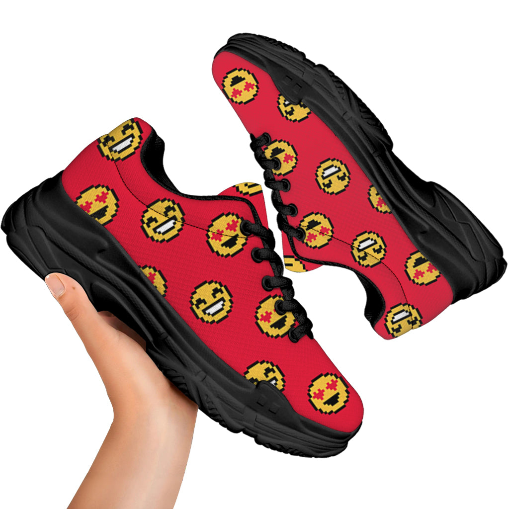 8-Bit Emoji Pattern Print Black Chunky Shoes