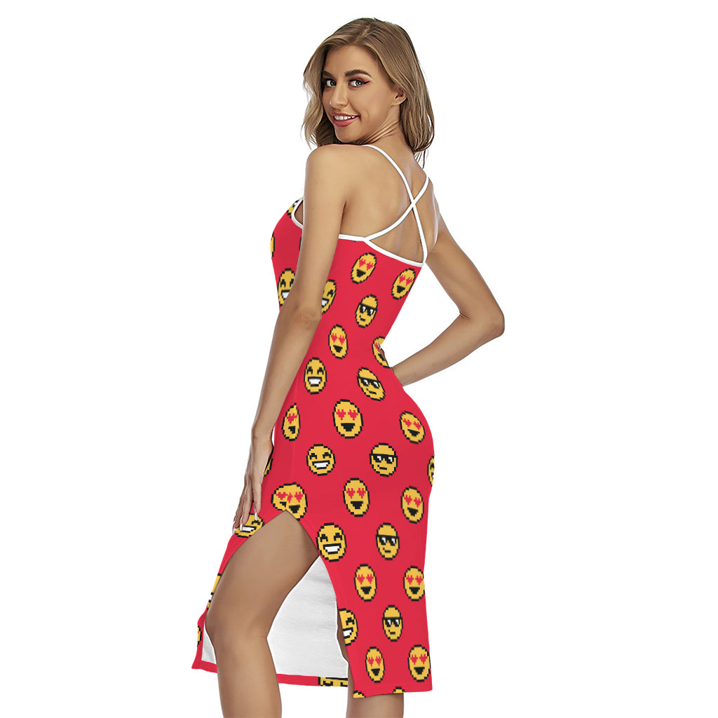 8-Bit Emoji Pattern Print Cross Back Cami Dress