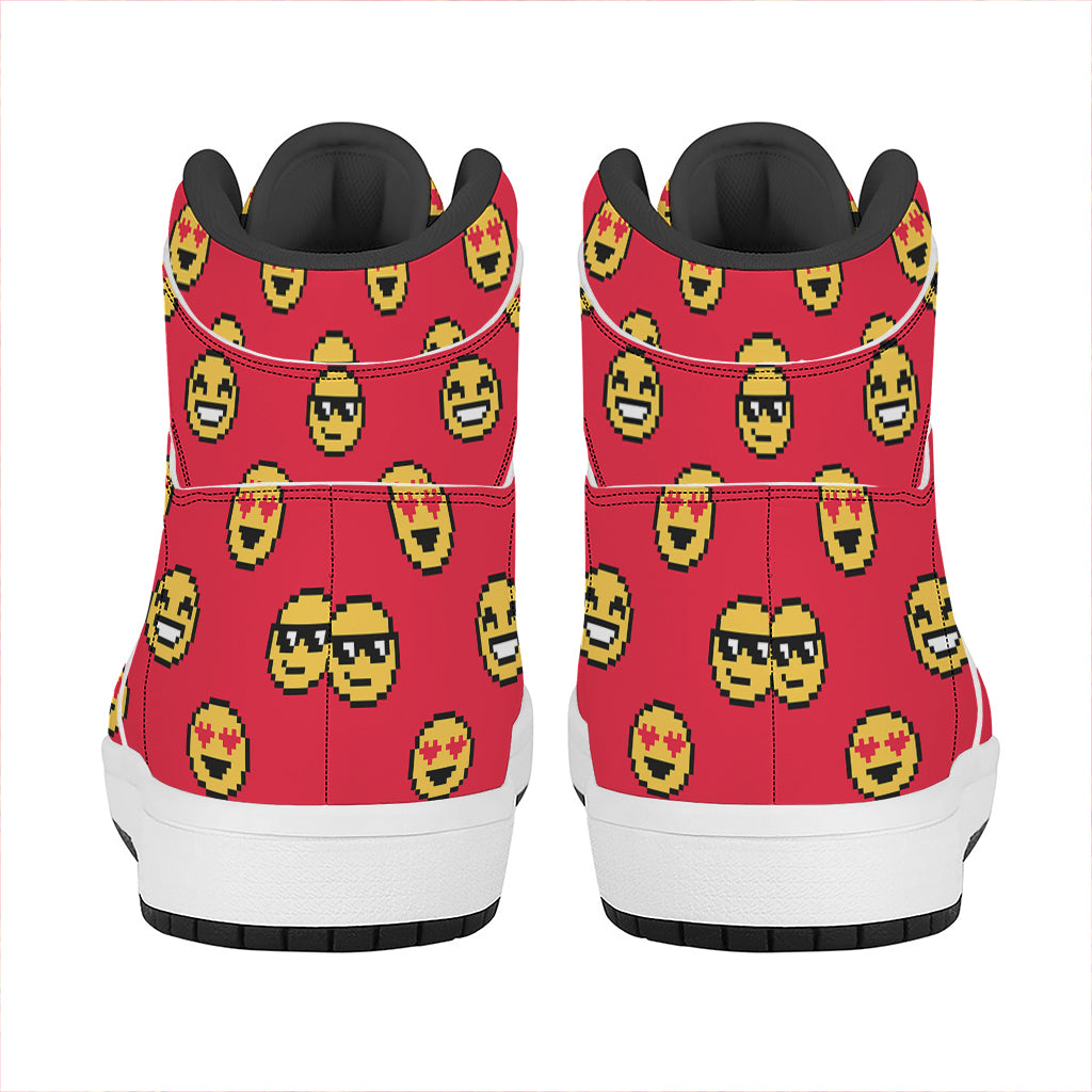 8-Bit Emoji Pattern Print High Top Leather Sneakers