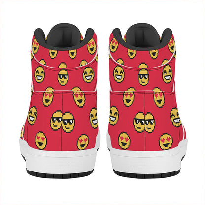 8-Bit Emoji Pattern Print High Top Leather Sneakers
