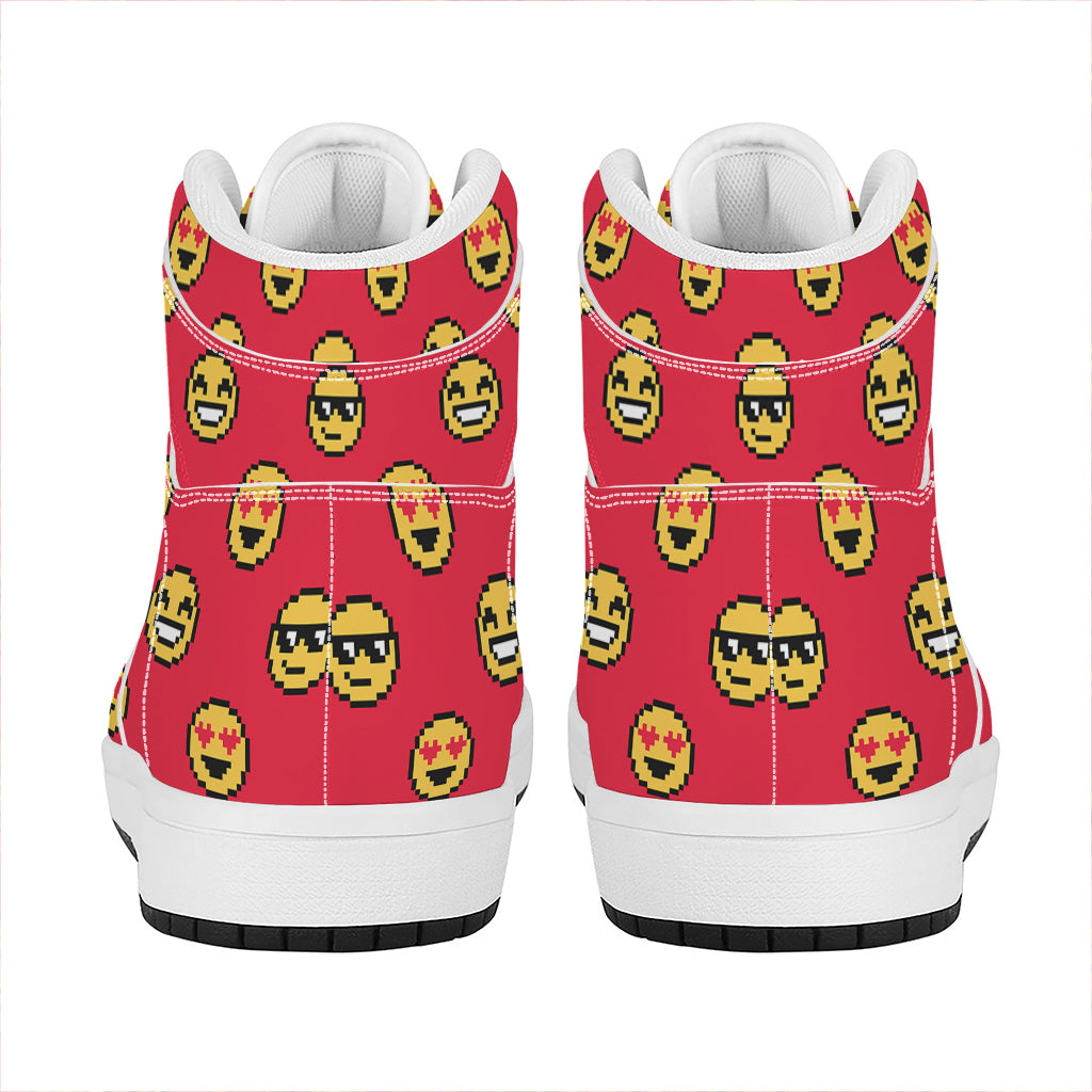 8-Bit Emoji Pattern Print High Top Leather Sneakers
