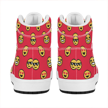 8-Bit Emoji Pattern Print High Top Leather Sneakers
