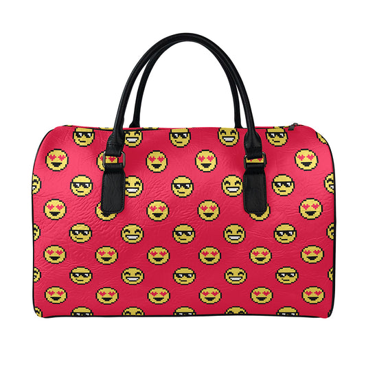 8-Bit Emoji Pattern Print Leather Duffle Bag