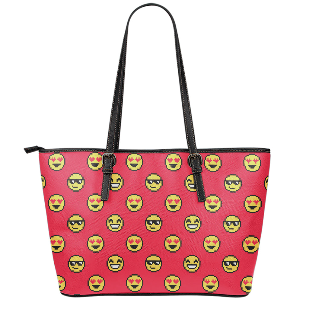 8-Bit Emoji Pattern Print Leather Tote Bag