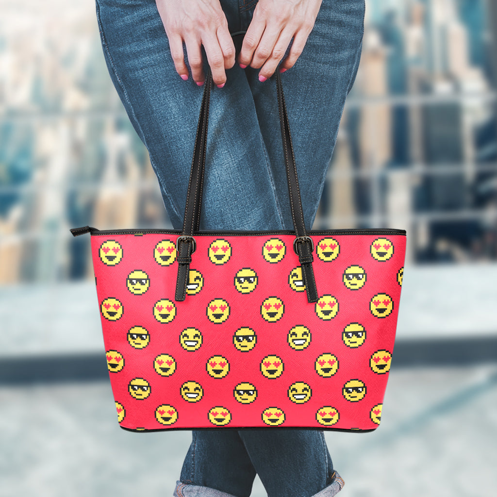 8-Bit Emoji Pattern Print Leather Tote Bag