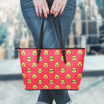 8-Bit Emoji Pattern Print Leather Tote Bag