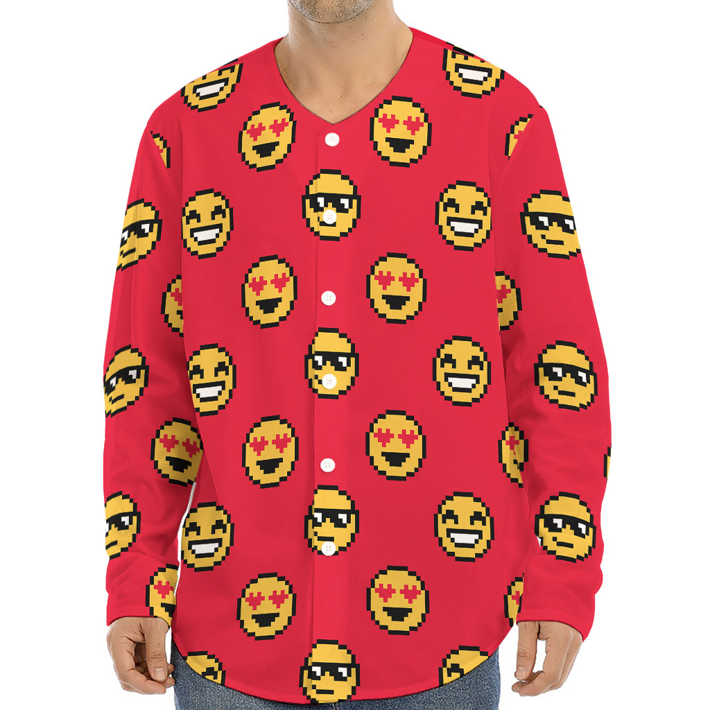 8-Bit Emoji Pattern Print Long Sleeve Baseball Jersey