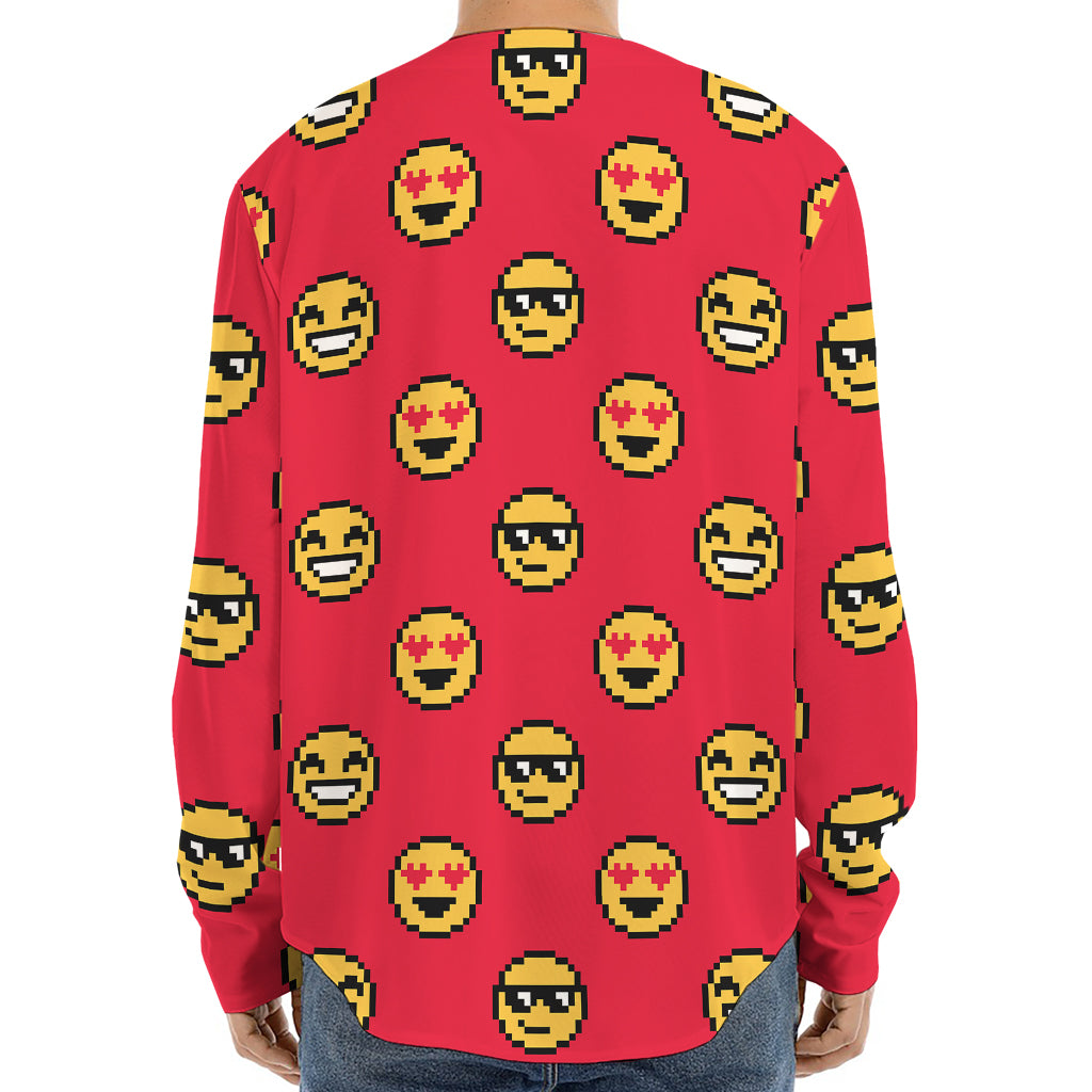 8-Bit Emoji Pattern Print Long Sleeve Baseball Jersey