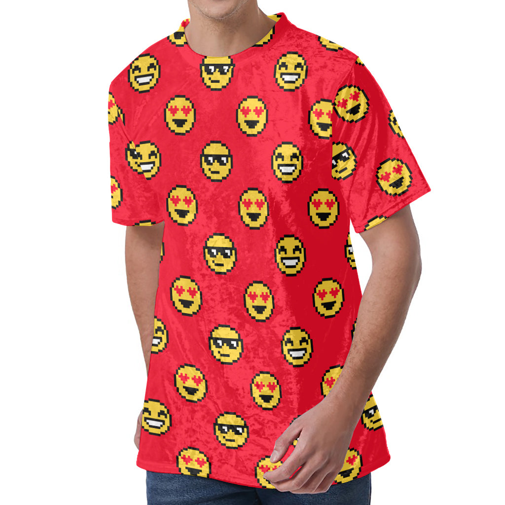 8-Bit Emoji Pattern Print Men's Velvet T-Shirt