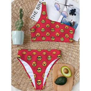 8-Bit Emoji Pattern Print One Shoulder Bikini Top