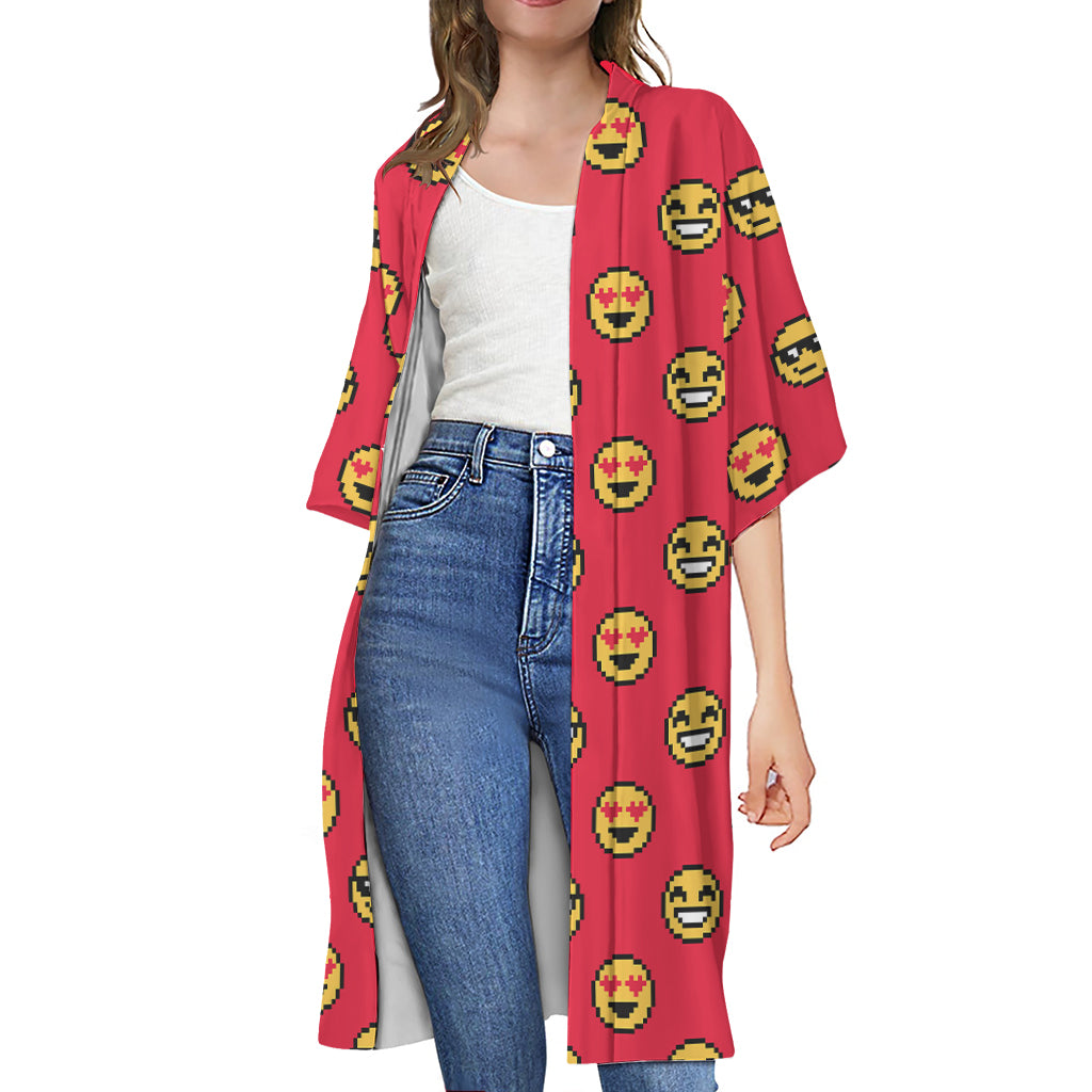 8-Bit Emoji Pattern Print Open Front Beach Cover Up