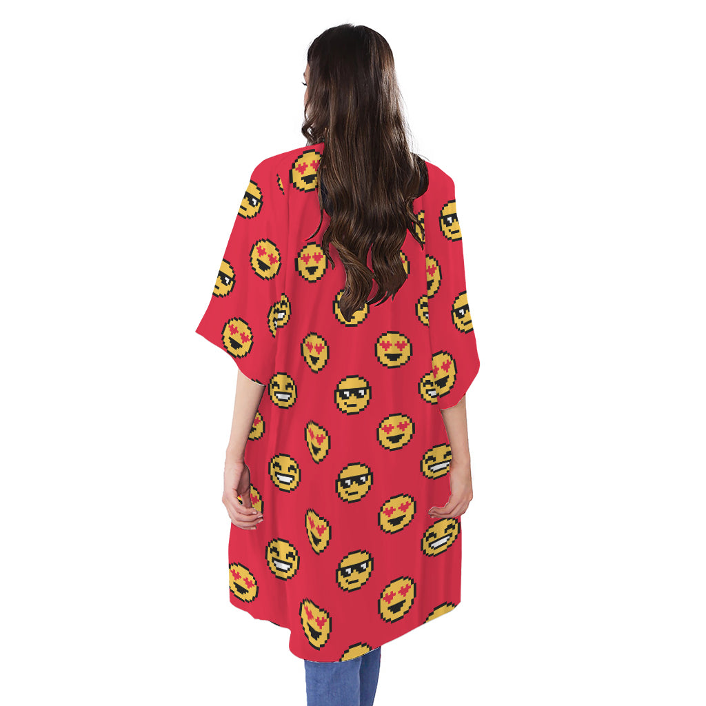 8-Bit Emoji Pattern Print Open Front Beach Cover Up