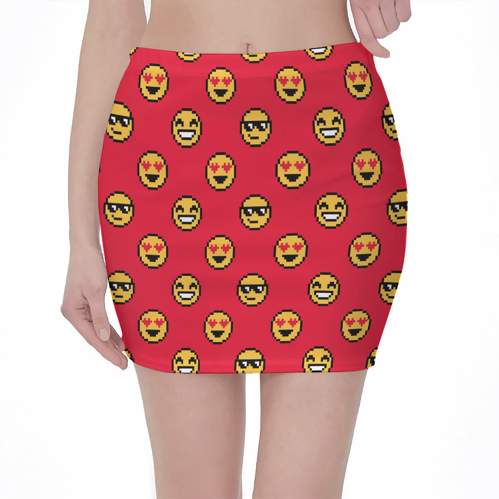 8-Bit Emoji Pattern Print Pencil Mini Skirt