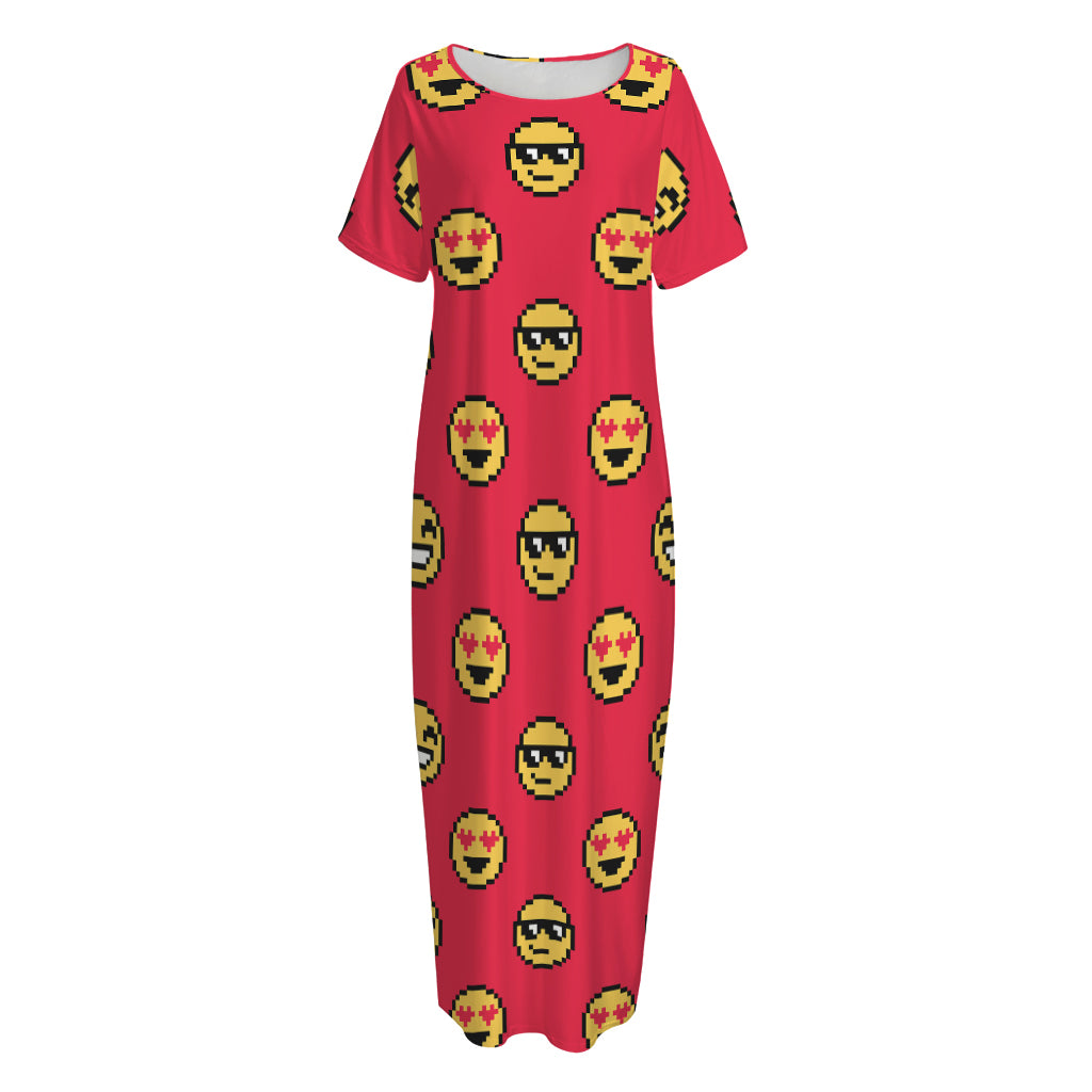 8-Bit Emoji Pattern Print Short Sleeve Long Nightdress