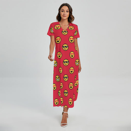 8-Bit Emoji Pattern Print Short Sleeve Maxi Dress