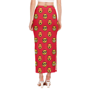 8-Bit Emoji Pattern Print Side Slit Maxi Skirt