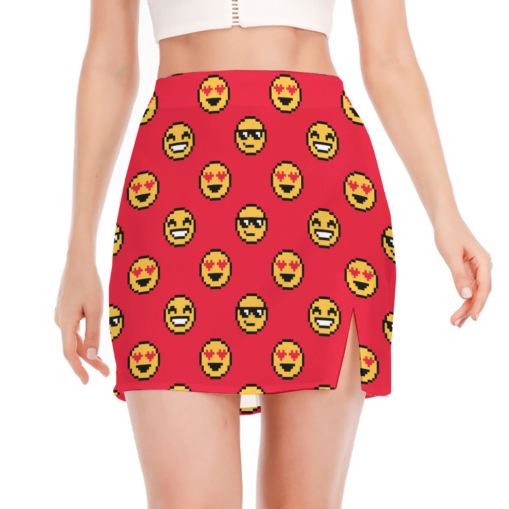 8-Bit Emoji Pattern Print Side Slit Mini Skirt