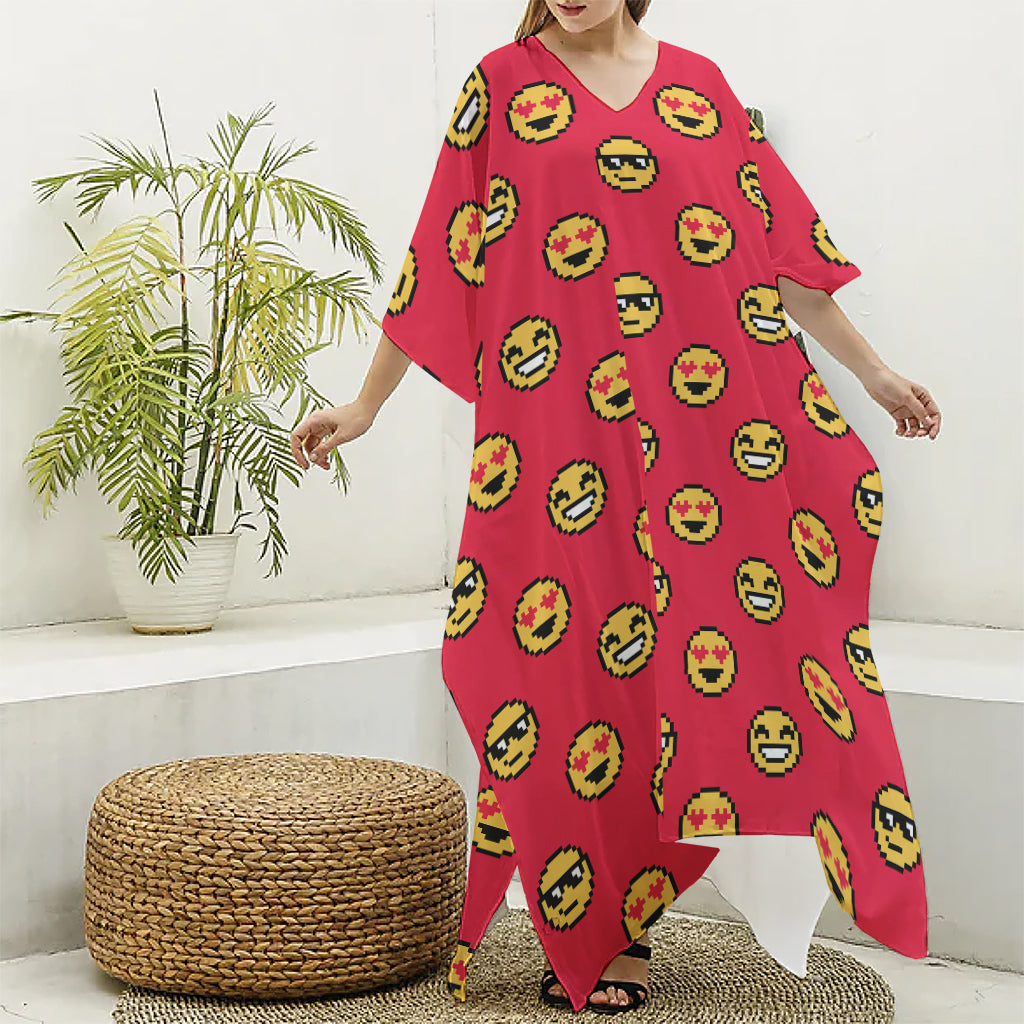 8-Bit Emoji Pattern Print Silk V-Neck Kaftan Dress