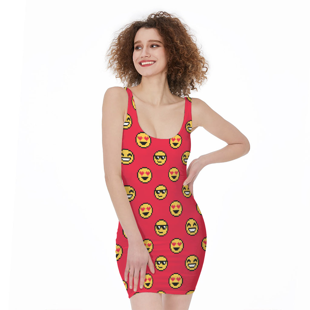 8-Bit Emoji Pattern Print Sleeveless Bodycon Dress