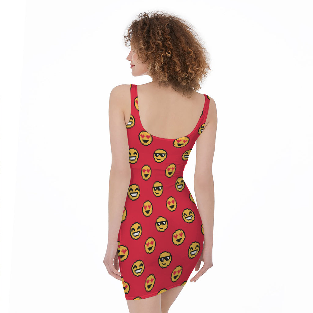 8-Bit Emoji Pattern Print Sleeveless Bodycon Dress