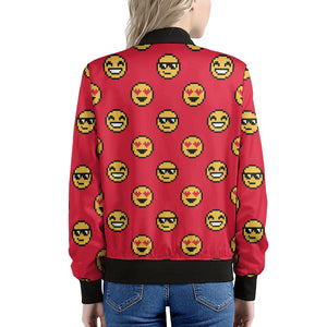 8-Bit Emoji Pattern Print Women's Bomber Jacket