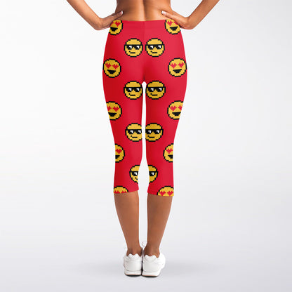 8-Bit Emoji Pattern Print Women's Capri Leggings