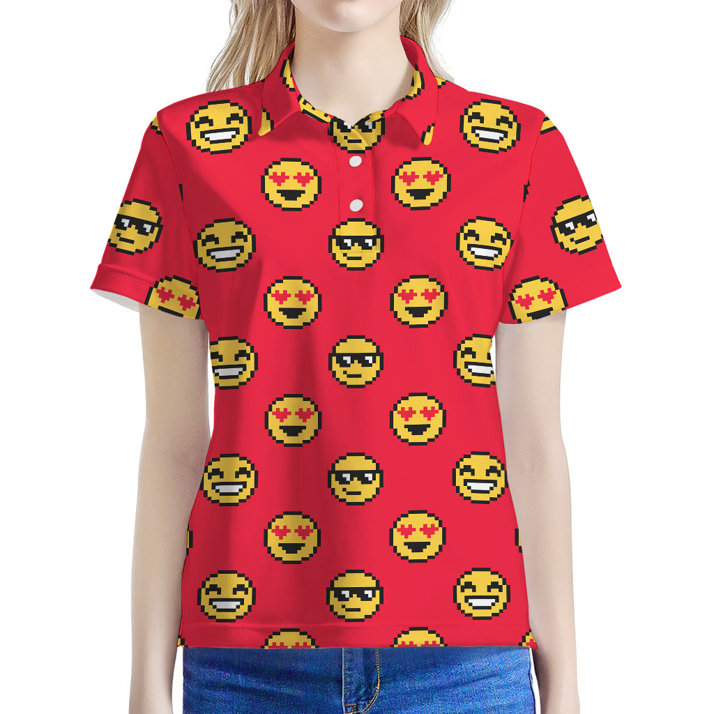 8-Bit Emoji Pattern Print Women's Polo Shirt