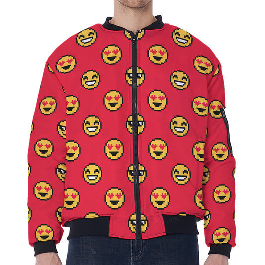 8-Bit Emoji Pattern Print Zip Sleeve Bomber Jacket