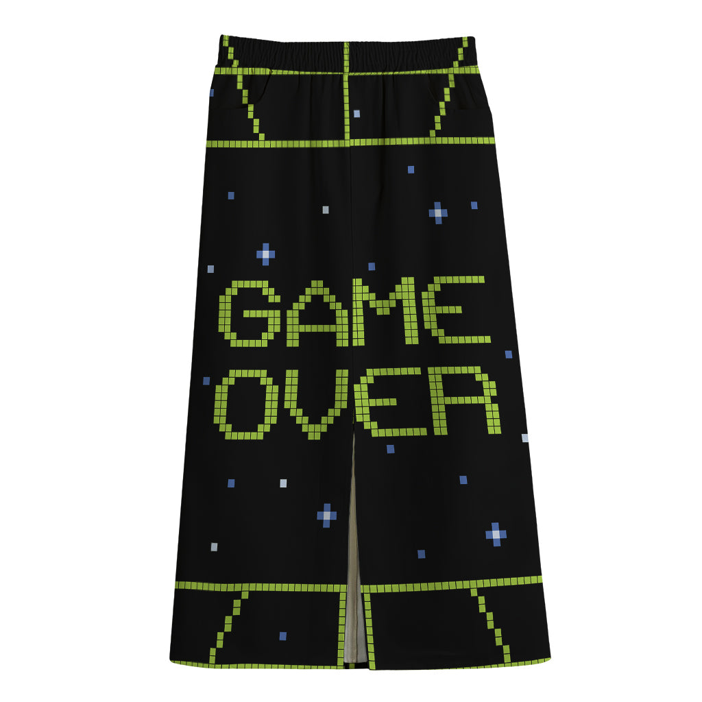 8-Bit Game Over Print Cotton Front Slit Maxi Skirt