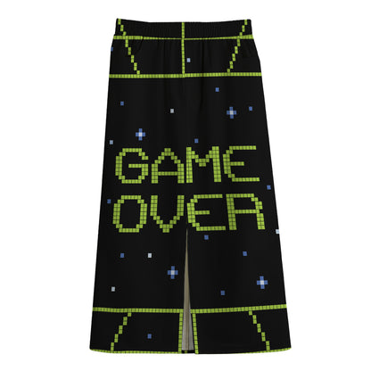 8-Bit Game Over Print Cotton Front Slit Maxi Skirt