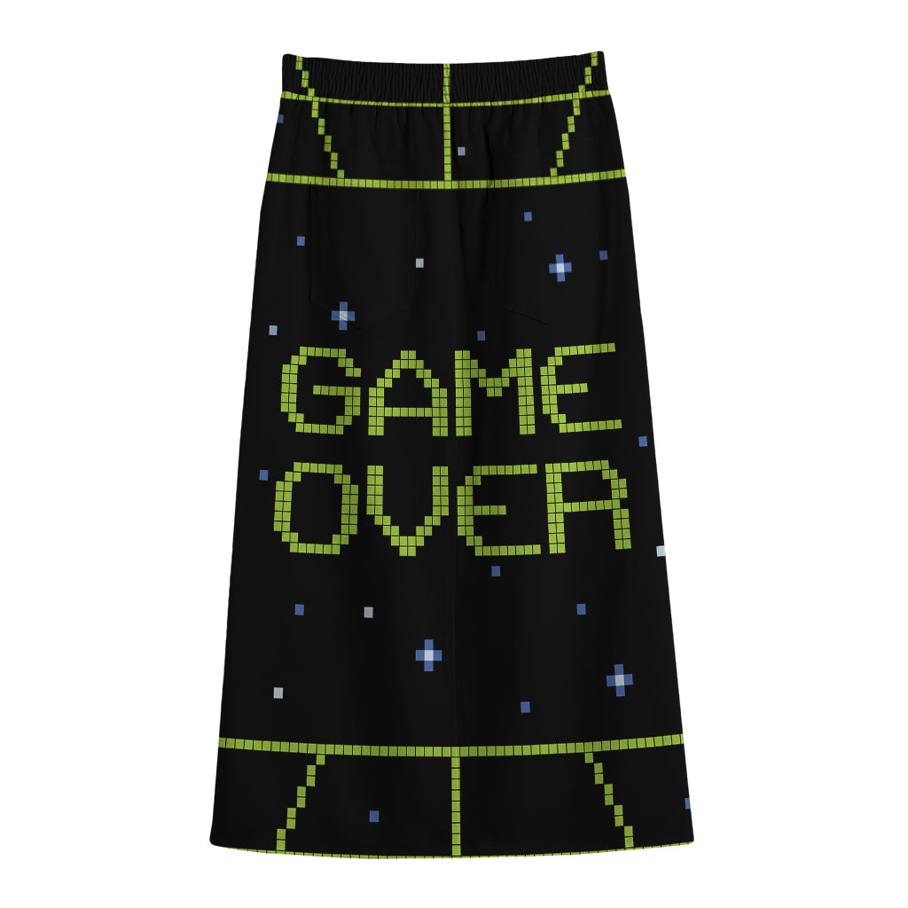8-Bit Game Over Print Cotton Front Slit Maxi Skirt