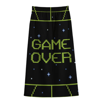 8-Bit Game Over Print Cotton Front Slit Maxi Skirt