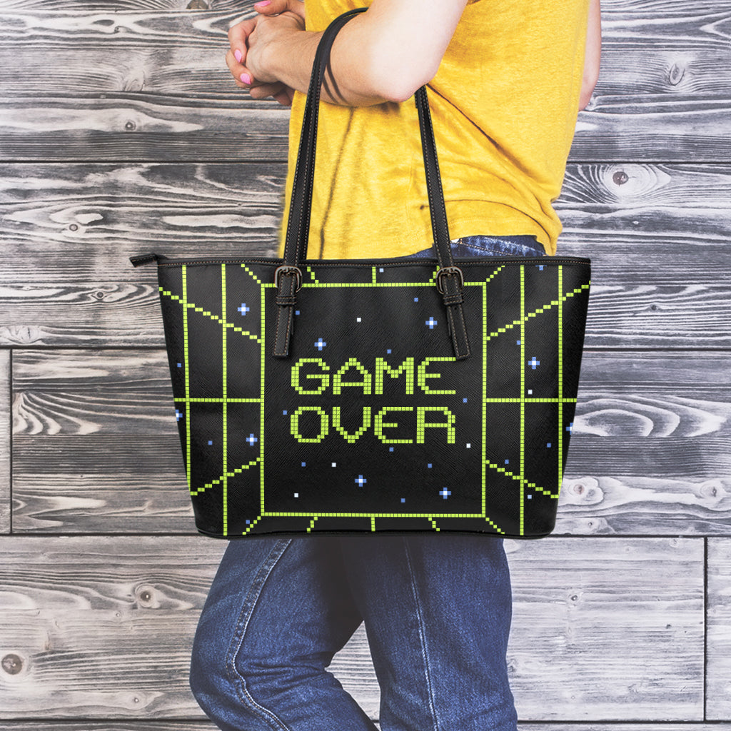 8-Bit Game Over Print Leather Tote Bag
