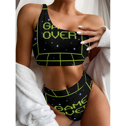 8-Bit Game Over Print One Shoulder Bikini Top