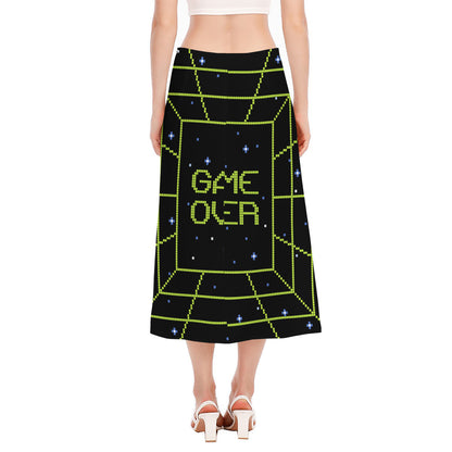 8-Bit Game Over Print Side Slit Midi Skirt
