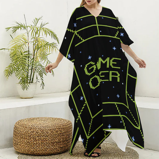 8-Bit Game Over Print Silk V-Neck Kaftan Dress